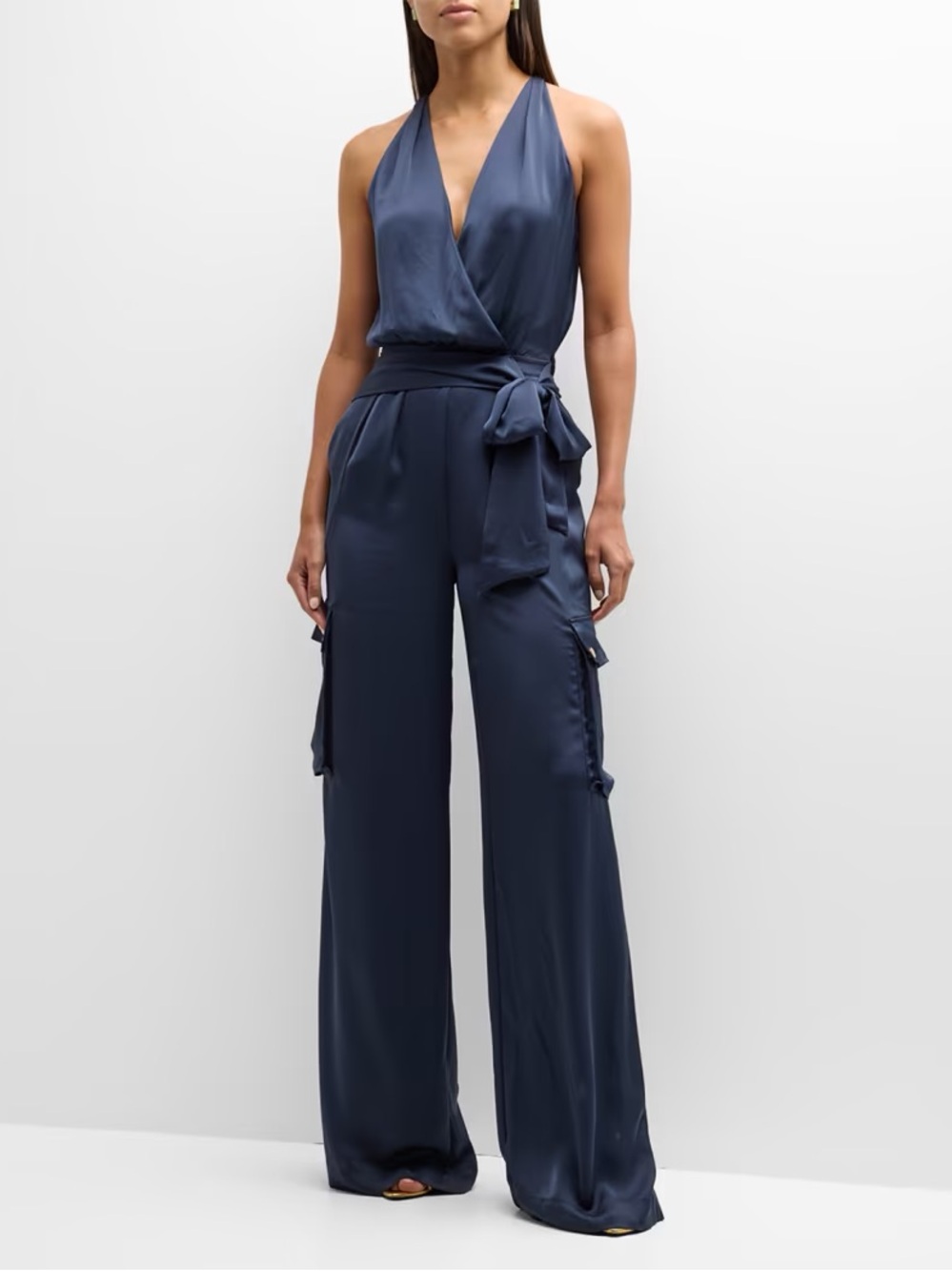 Ramy Brook Navy Satin Halter Wrap Wide-Leg Jumpsuit